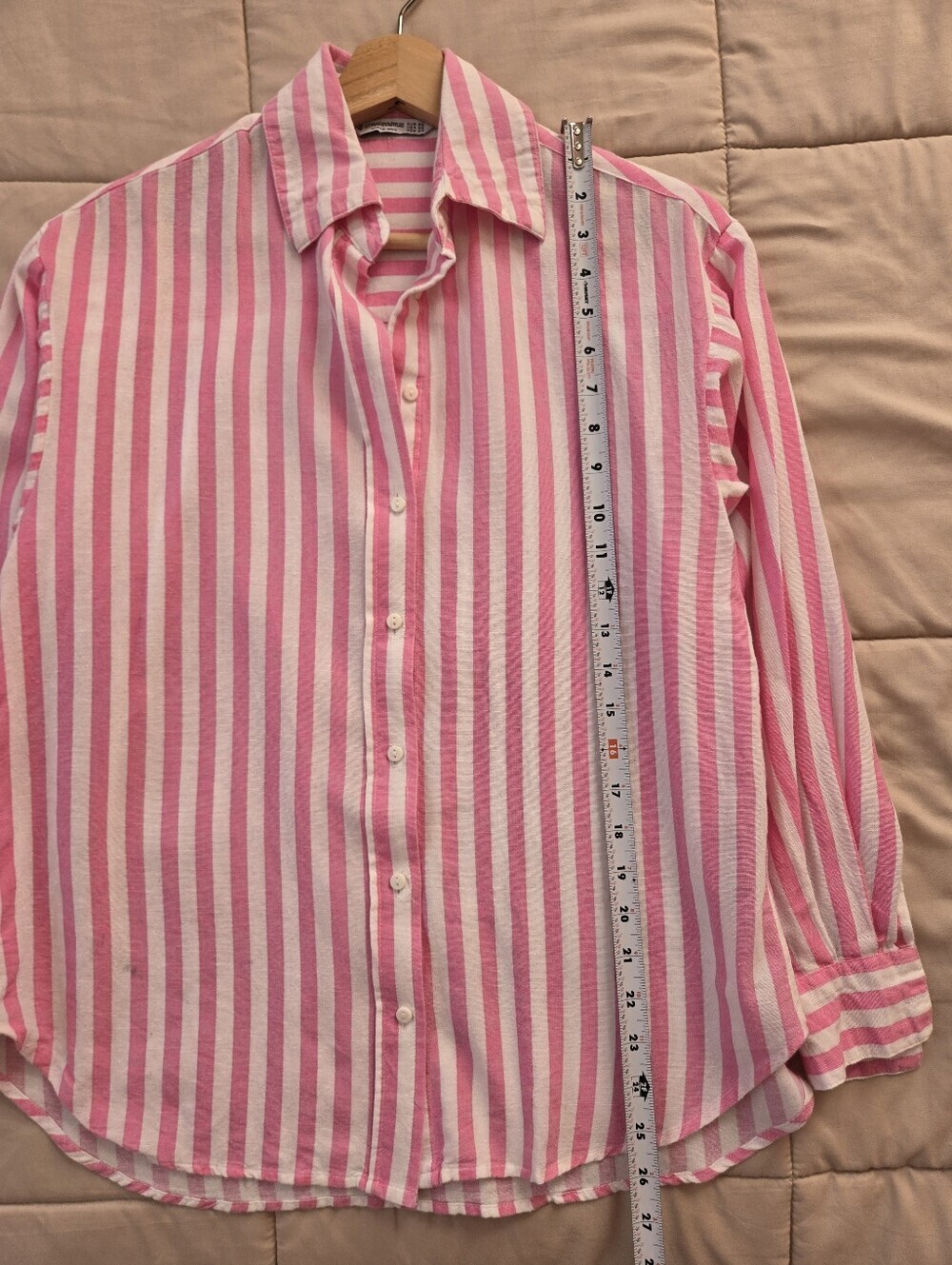 Stradivarius Pink and White Vertical Stripe Button-Down Shirt, Linen Blend, XS - Picture 10 of 10
